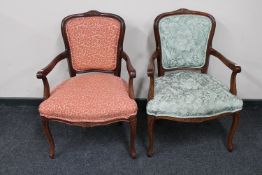 Two contemporary salon style armchairs in green and red