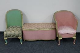 A pink loom basket chair and blanket box together with a further green loom basket chair