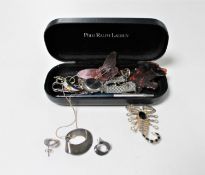 A glasses case containing a small quantity of costume jewellery,