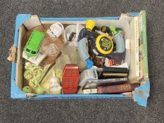 A box of vintage Merlin Palitoy game, ornaments, cruet set, Art Deco glass bowl,