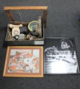 A box of Bakelite telephone, plated gallery tray, shaving mirror.