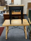 A blond oak refectory coffee table together with a pine painted side table fitted with a drawer
