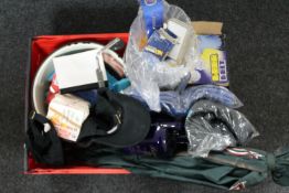 A box of John Smiths umbrella, bar optic stand,