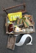 A box of golf balls, china, ornaments, glass,