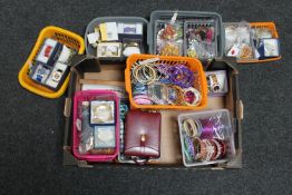 A box of a large quantity of costume jewellery, wristwatches, gem set bracelets,