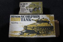 An Action Man scorpion tank by Palitoy and a Scout car (boxed)