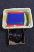 A box of 78's, album of LP records, box of music,