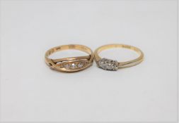 Two 18ct gold three stone and five stone diamond rings (2)