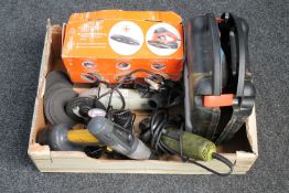 A box of tools to include drills, angle grinder,