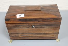 A Regency rosewood tea caddy on brass paw feet