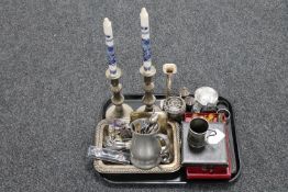 A tray of cutlery, silver plated items, tankard,