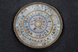 A wicker tray with stamp montage