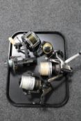 A tray of fishing reels : Alpha X etc