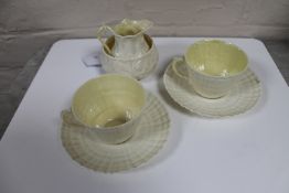 Six items Belleek china : milk jug, sugar basin,