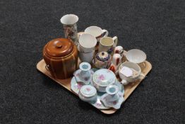 A tray of antique trinket set, Staffordshire dog figures,