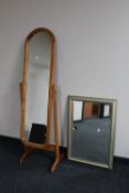A pine cheval mirror and a contemporary mirror