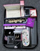 A tray of 9ct gold fern leaf earrings, assorted costume and fashion jewellery,