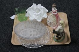 A tray of Queen's jubilee glass bowls, glass three way epergne,