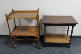 An oak barley twist occasional table together with an oak two tier serving trolley