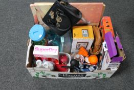 A box of drinks dispenser and beakers, oven dishes, gift sets,