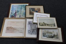 A box of seven assorted pictures and prints to include a Benjamin Chee Chee print 'Autumn Flight',