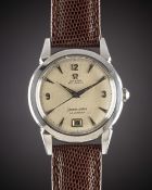 A GENTLEMAN'S STAINLESS STEEL OMEGA SEAMASTER CALENDAR WRIST WATCH CIRCA 1952, REF. 2627-15 SC