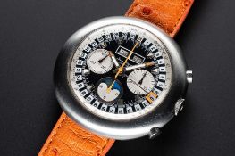 A RARE GENTLEMAN'S STAINLESS STEEL JULES JURGENSEN MOONPHASE TRIPLE CALENDAR CHRONOGRAPH WRIST WATCH