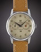 A RARE GENTLEMAN'S LARGE SIZE NICKEL CHROME UNIVERSAL GENEVE TRIPLE CALENDAR WRIST WATCH CIRCA