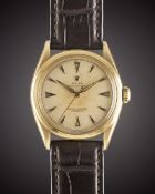 A GENTLEMAN'S 18K SOLID YELLOW GOLD ROLEX OYSTER PERPETUAL WRIST WATCH CIRCA 1952, REF. 6084 WITH 