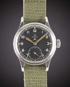 A GENTLEMAN'S STAINLESS STEEL BRITISH MILITARY OMEGA W.W.W. WRIST WATCH CIRCA 1940s, PART OF THE 