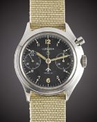 A GENTLEMAN'S STAINLESS STEEL BRITISH MILITARY LEMANIA RAF PILOTS SINGLE BUTTON CHRONOGRAPH WRIST
