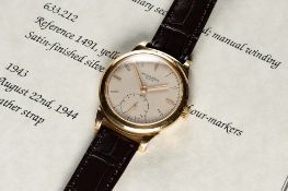 A RARE GENTLEMAN'S 18K SOLID GOLD PATEK PHILIPPE WRIST WATCH DATED 1943, REF. 1491 WITH 
