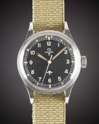 A GENTLEMAN'S STAINLESS STEEL BRITISH MILITARY OMEGA RAF PILOTS WRIST WATCH DATED 1953, REF. 2777-