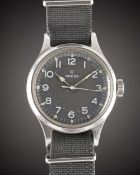 A GENTLEMAN'S STAINLESS STEEL BRITISH MILITARY OMEGA RAF PILOTS WRIST WATCH DATED 1956, WITH BLACK