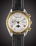 A GENTLEMAN'S STEEL & GOLD OMEGA SPEEDMASTER MOONPHASE TRIPLE CALENDAR AUTOMATIC CHRONOGRAPH WRIST