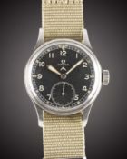 A GENTLEMAN'S STAINLESS STEEL BRITISH MILITARY OMEGA W.W.W. WRIST WATCH CIRCA 1940s, PART OF THE 