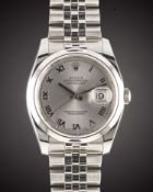 A GENTLEMAN'S STAINLESS STEEL ROLEX OYSTER PERPETUAL DATEJUST BRACELET WATCH DATED 2010, REF. 116200