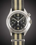 A GENTLEMAN'S STAINLESS STEEL BRITISH MILITARY LEMANIA SINGLE BUTTON ROYAL NAVY PILOTS CHRONOGRAPH