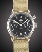 A GENTLEMAN'S STAINLESS STEEL BRITISH MILITARY LEMANIA SINGLE BUTTON ROYAL NAVY PILOTS CHRONOGRAPH