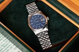 A GENTLEMAN'S STAINLESS STEEL ROLEX OYSTER PERPETUAL DATE BRACELET WATCH DATED 1974, REF. 1500