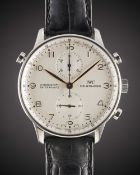 A GENTLEMAN'S STAINLESS STEEL IWC PORTUGUESE RATTRAPANTE CHRONOGRAPH WRIST WATCH CIRCA 2000s, REF.