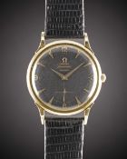 A GENTLEMAN'S 18K SOLID GOLD OMEGA SEAMASTER AUTOMATIC WRIST WATCH CIRCA 1952, WITH RARE BLACK 