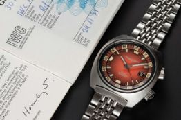 A RARE GENTLEMAN'S STAINLESS STEEL IWC AQUATIMER 30ATM AUTOMATIC DIVERS BRACELET WATCH DATED 1974,