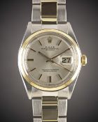 A GENTLEMAN'S STEEL & GOLD ROLEX OYSTER PERPETUAL DATEJUST BRACELET WATCH CIRCA 1976, REF. 1600 WITH