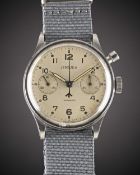 A RARE GENTLEMAN'S STAINLESS STEEL ROYAL RHODESIAN AIR FORCE MILITARY LEMANIA SINGLE BUTTON PILOTS