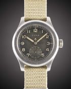A GENTLEMAN'S STAINLESS STEEL BRITISH MILITARY CYMA W.W.W. WRIST WATCH CIRCA 1945, PART OF THE 
