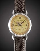 A GENTLEMAN'S STAINLESS STEEL JAEGER LECOULTRE TRIPLE CALENDAR WRIST WATCH CIRCA 1940s, WITH ROSE