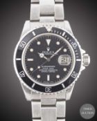 A GENTLEMAN'S STAINLESS STEEL ROLEX OYSTER PERPETUAL DATE SUBMARINER BRACELET WATCH CIRCA 1985, REF.