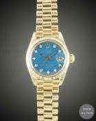 A LADIES 18K SOLID GOLD ROLEX OYSTER PERPETUAL DATEJUST BRACELET WATCH CIRCA 1979, REF. 6907 WITH