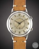 A RARE GENTLEMAN'S STAINLESS STEEL JAEGER LECOULTRE MEMOVOX AUTOMATIC ALARM WRIST WATCH CIRCA 1960,